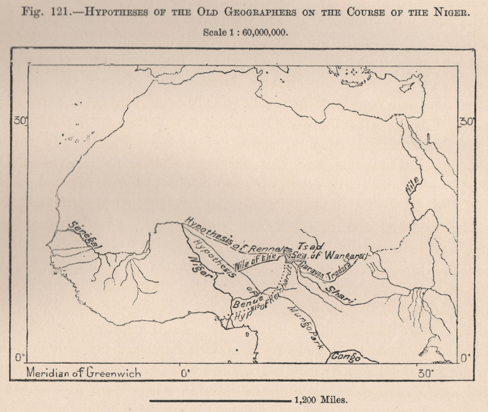 Rennal Mungo Park Reichardt Hypotheses on the Niger river's course 1885 map